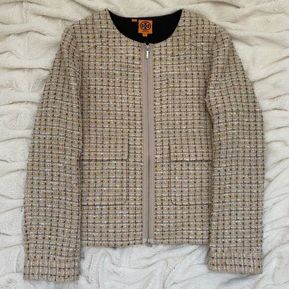NWOT Tory Burch tweed tan multicolor zip-up jacket - Picture 1 of 6